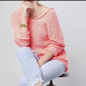 Free People Chunky Neon Pink Slouchy Dolman Open Knit Size XL Pink